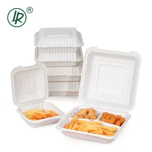 white plastic polypropylene hinged container 1 3 comp ,disposable pp lunch tray with lid ,single-use pp hinged container