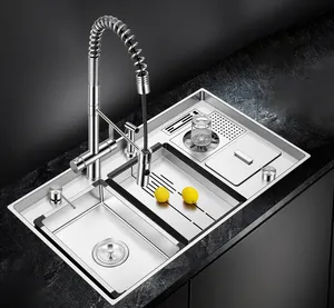 SUS304 Stainless Steel Handmade Sink Set Dual-mode Pullout Faucet with Cup Rinser