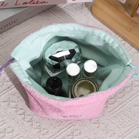 Pochette de rangement cosmétique en tissu éponge rose de luxe avec cordon de serrage, fond carré, imprimé logo personnalisé, pour maquillage et articles de toilette