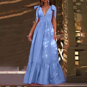 V-neck Yellow Maxi Dress Empire Waist Wrap <b>Tie</b> <b>Back</b> Evening Gown Women's Long Dress Breathable Summer Formal Wear - Product Image 3