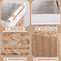 Panier de rangement rectangulaire rustique tissé à la main en papier, écologique, avec poignée en bois et doublure en coton, pour la décoration intérieure et les articles divers du placard (ODM personnalisé)
