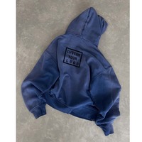 Vente en gros de sweats à capuche personnalisés avec logo, bleu délavé vintage, dégradé, en molleton épais, coupe oversize, style streetwear décontracté