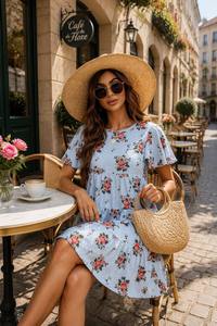Mini abito da donna con scollo rotondo, maniche a volant, stampa floreale, abito casual estivo stile babydoll - Product Image 5