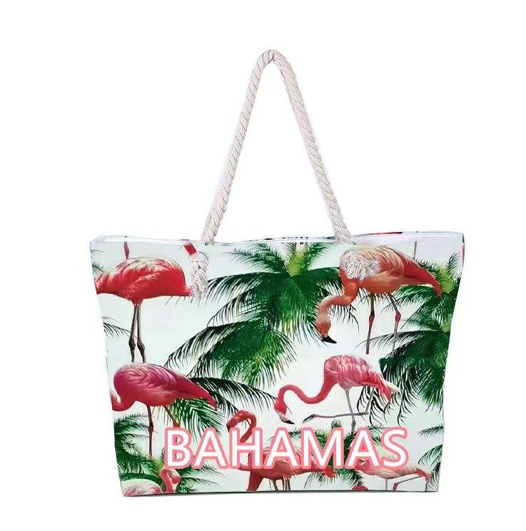 Wholesale Bahamas Travel Souvenir Bags Custom Logo Large Capacity Zipper  Beach Canvas Shopping Bag Flower Tote Bag Rope Handle