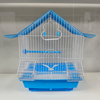 Petite cage à oiseaux bleue en forme de maison, construction en fil métallique, pour perruches, canaris, pinsons, utilisation sur bureau