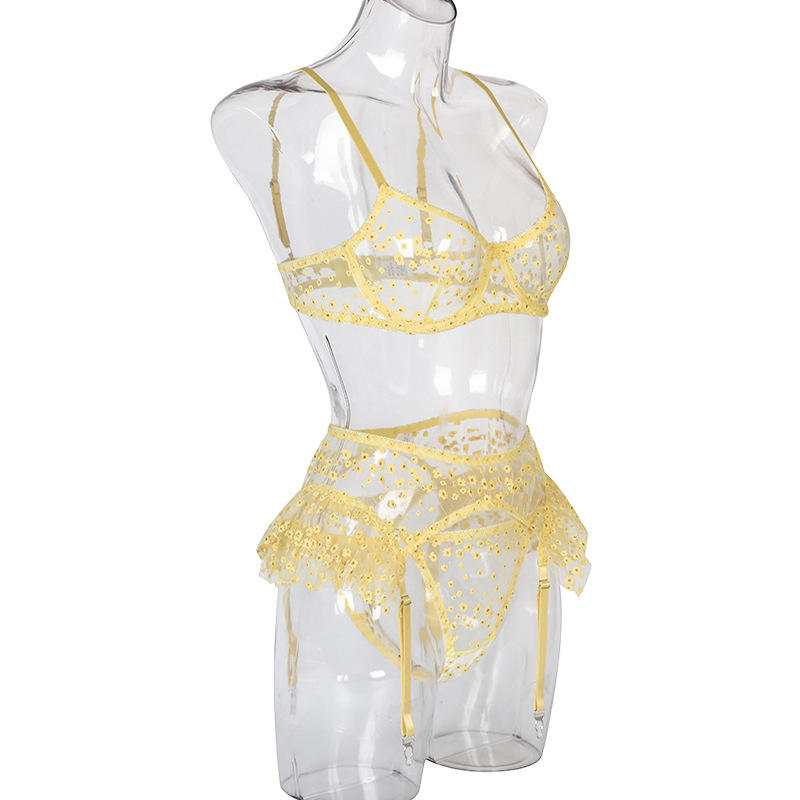 Floral Solid Color Sexy Lingerie Garter Three Piece Sets Ruffle Mesh Thin Sexy Lingerie Sets For Women