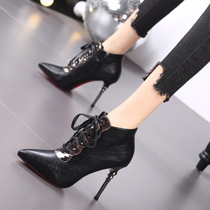 High-heeled Shoes Women's 2022 New Stiletto Pointed Toe <b>Boots</b> Lace-up Net Red Short <b>Boots</b> <b>Spring</b> and Autumn Single <b>Boots</b> - Product Image 1
