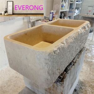 Lavabo double en <span class=keywords><strong>travertin</strong></span> brut, sculpté à la main, pour <span class=keywords><strong>salle</strong></span> <span class=keywords><strong>de</strong></span> <span class=keywords><strong>bain</strong></span>, toilettes ou cuisine - Product Image 5