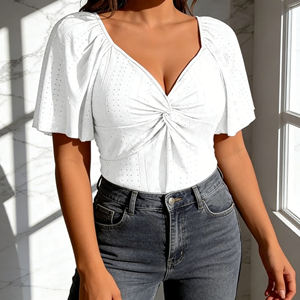 SWEETBABE Personnalisation 2026 Blouse Peplum Blanc Royal Élégance Moderne Femme Manches Courtes Col en V Tissu Respirant Boutons et Œillets - Product Image 4