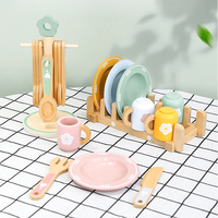 Set Peralatan Makan Kayu Bermotif Bunga dengan Rak Cangkir Tempat Peralatan Makan Piring Mug Hadiah Permainan Peran Meja Anak-anak
