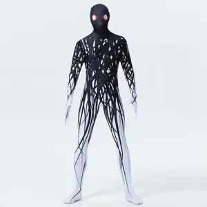 Pabrik Penjualan Langsung Halloween Hitam Hantu Bodysuit Cosplay Kostum untuk Pria Zentai Dicetak Permainan Bodysuit