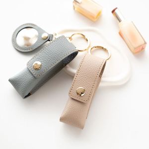 Lady Japanese PU Leather <b>Lipstick</b> Holder Carabiner Small Mirror Hanging Charm Lip Case Chains Magnetic Closure Portable Travel - Product Image 1