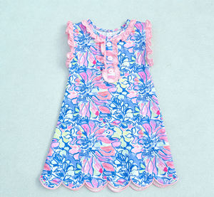 Vestido de Verano RTS para Niñas Pequeñas, Estampado Floral Informal, Algodón y Elastano, Corte en A, Borde Festoneado, Transpirable, Estilo Boutique, con Volantes - Product Image 3