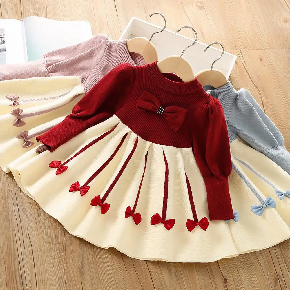 Primavera e Outono Vestido 2023 roupas infantis boutique camisola de malha camisola infantil vestido arco princesa camisola vestido