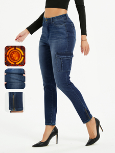 Jean slim droit taille haute pour femme, multi-poches, bleu uni, respirant, tendance, style rétro, idéal pour le travail - Product Image 3
