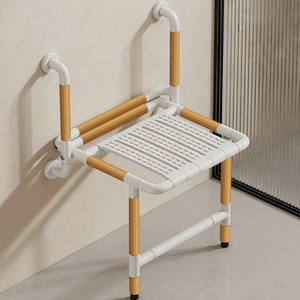 Chaise de douche pliante Baiyurui 43 cm, grain de bois, double accoudoir, fixation murale, antidérapante, tabouret de sécurité pour salle de bain - Product Image 1