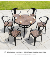 Ensemble de salle à manger d'extérieur 5 pièces : Table ronde Sunburst 105 cm en bois grainé avec 4 chaises en fer noir à pieds courbes – Vente en gros, faible MOQ