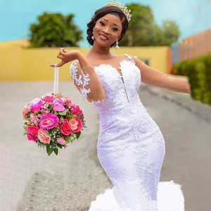African Mermaid Wedding Dress White Ivory Lace Sweetheart Neckline Natural Waistline Long Sleeve Figure Flattering - Product Image 4