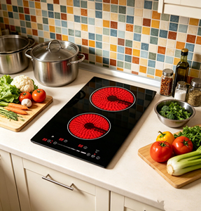Table de cuisson électrique encastrable en céramique noire à commande tactile avec 2 brûleurs pour usage domestique, plaque à induction facile à nettoyer - Product Image 4