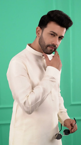 Buy Cream Solid Dupion Silk Straight <b>Kurta</b> with <b>Pajamas</b> Elegant Ethnic Wear for Festive and Traditional Occasions For <b>Men's</b> - Product Image 3