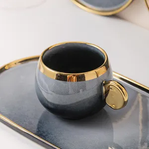 Juego de tazas de porcelana de diseño moderno para beber, tazas personalizadas de cerámica con mango dorado para leche, té y café