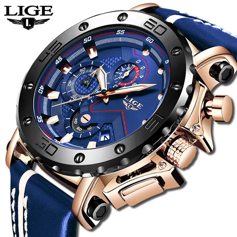 LIGE 9899 Luxury Big Dial Quartz Watch Leather Waterproof King Quartz Chronograph Watch