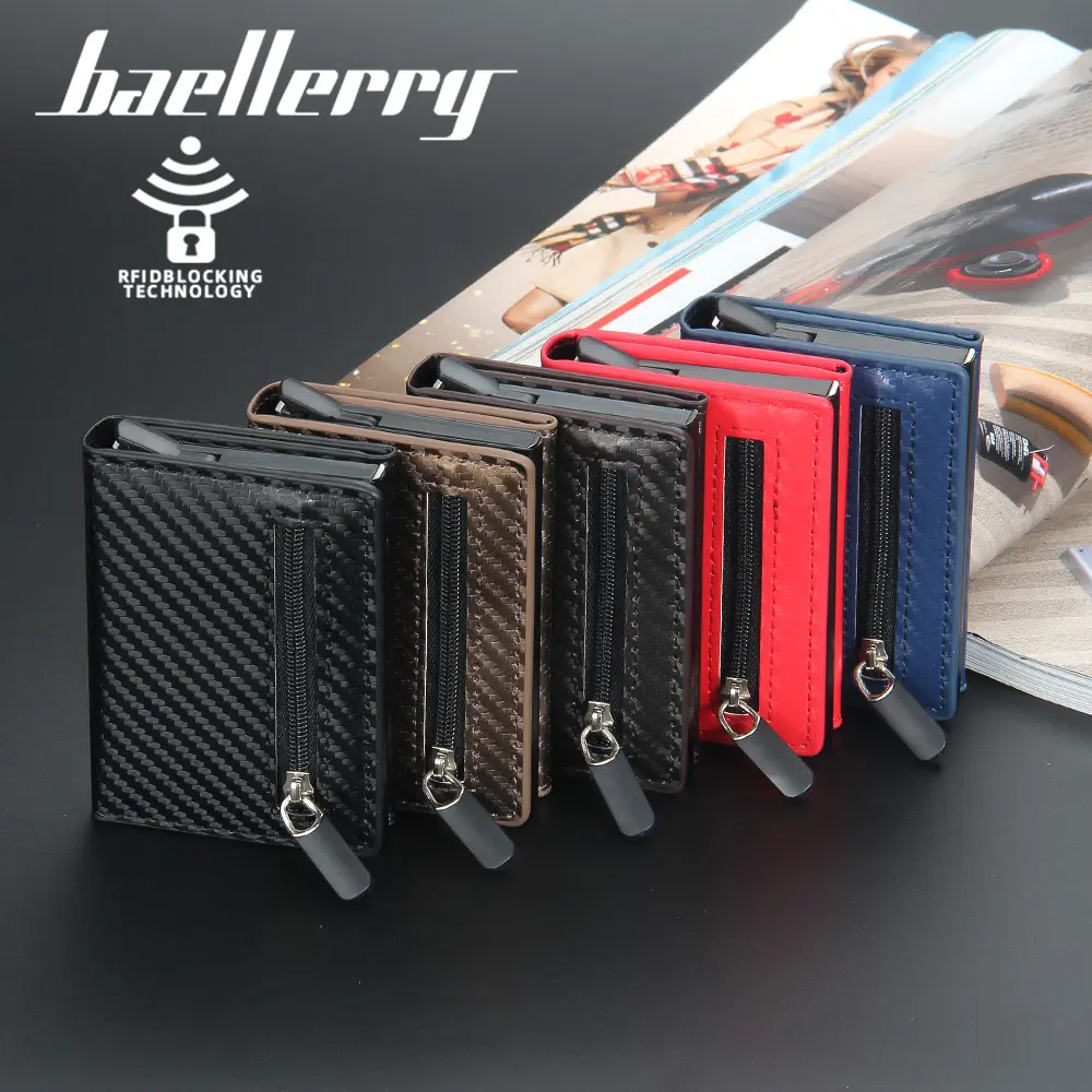 Baellerry กระเป๋าสตางค์แบบป๊อปอัพสำหรับผู้ชาย, กระเป๋าสตางค์แฟชั่นทำจากคาร์บอนไฟเบอร์ RFID มีช่องใส่เหรียญทำจากอะลูมิเนียมแม่เหล็ก2023