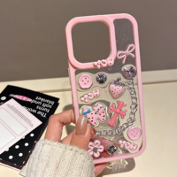 Coque de téléphone DIY en résine 3D pour iPhone 15 16 13 17 Pro Max, motif chat rose mignon, croix, fraise, nœud, chaîne argentée, antichoc