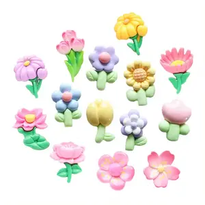 새로운 광택 플랫백 튤립 해바라기 수지 카보 숑 다섯 꽃잎 꽃 휴대 전화 케이스 DIY 장식 인공 기념품