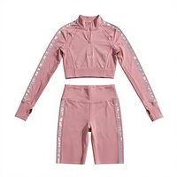 Ensemble haut et leggings rose pour femme, col demi-zip, manches longues, uni, respirant, en coton, anti-rétrécissement, coupe ample, tenue de sport et d'entraînement