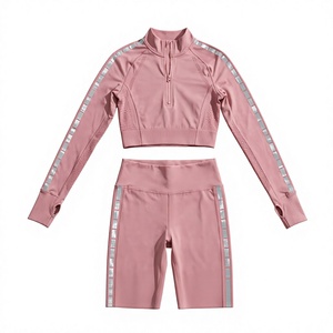 Ensemble haut et leggings rose pour femme, col demi-zip, manches longues, uni, respirant, en coton, anti-rétrécissement, coupe ample, tenue de sport et d'entraînement - Product Image 1