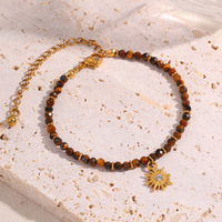 Bracelet en acier inoxydable avec perles, pierre naturelle œil de tigre, pendentif soleil, unisexe, plaqué or 18 carats, étanche, bijou cadeau