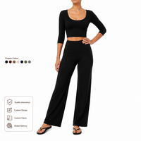 Atasan Olahraga Lengan Panjang Berkualitas Tinggi, Solid, Bernapas, Cepat Kering, dan Legging Pinggang Tinggi Model Flare 2-Piece untuk Yoga dan Aktivitas Lainnya