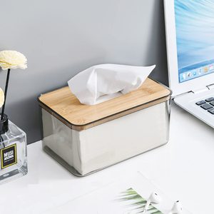 Bathroom Countertop Rectangular Clear Acrylic Dryer Sheet Tissue Box Dispenser with Bamboo Lid