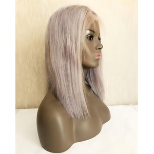Stock 100% vierge Brésilienne cheveux réaliste délié naturel 12 pouces BOB <span class=keywords><strong>coupe</strong></span> Argent Couleur Droite sans colle dentelle avant perruque grise - Product Image 1