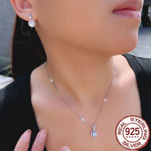 <b>Solid</b> 925 Sterling <b>Silver</b> Cubic Zirconia Jewelry Set Round Pendant <b>Necklace</b> Earrings Set for Women Daily Wear Gift Elegant Daily - Product Image 6