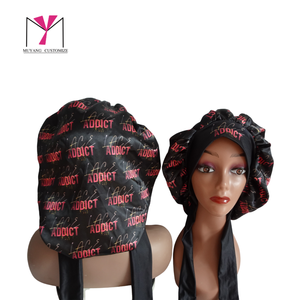 MUYANG New product CUSTOMIZE Full Logo Round Satin <b>Bonnet</b> With Elastic Tie Printed Pattern For Women 56-58CM Home Use - Product Image 2