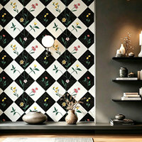 Wallpaper Retro Hitam Putih Bermotif Kotak-kotak Bunga, Stiker Dinding Perekat Diri Tahan Air dan Tahan Lembab untuk Dekorasi Latar Belakang