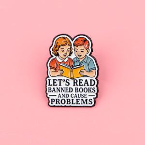 Broche en émail mignonne avec citation « Let's Read and Create Some Problems », accessoires vestimentaires, épingles en métal de dessin animé en gros, souvenirs - Product Image 2