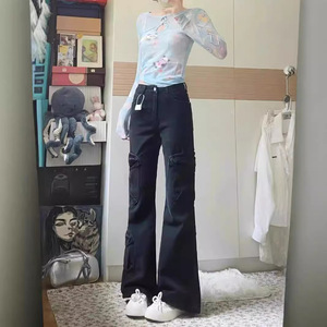 Black Flared Cargo Jeans Women High Waisted Slimming Floor Length Horseshoe Trousers Water Wash Polyester Fabric Autumn Style - Product Image 2