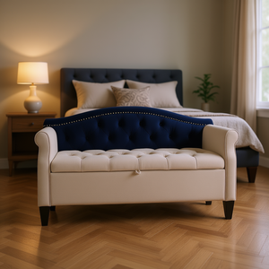 Panca contenitore Jacquelin con braccioli a rullo e trapuntatura, 57,5 pollici, in poliestere beige neutro cielo, per camera da letto - Product Image 2