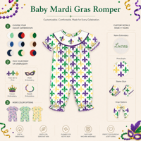 Puresun OEM/ODM 100% katoenen, huidvriendelijke Mardi Gras Fleur De Lis print, gevoerde meisjes romper met kraag, voor peuters van 1-6 jaar