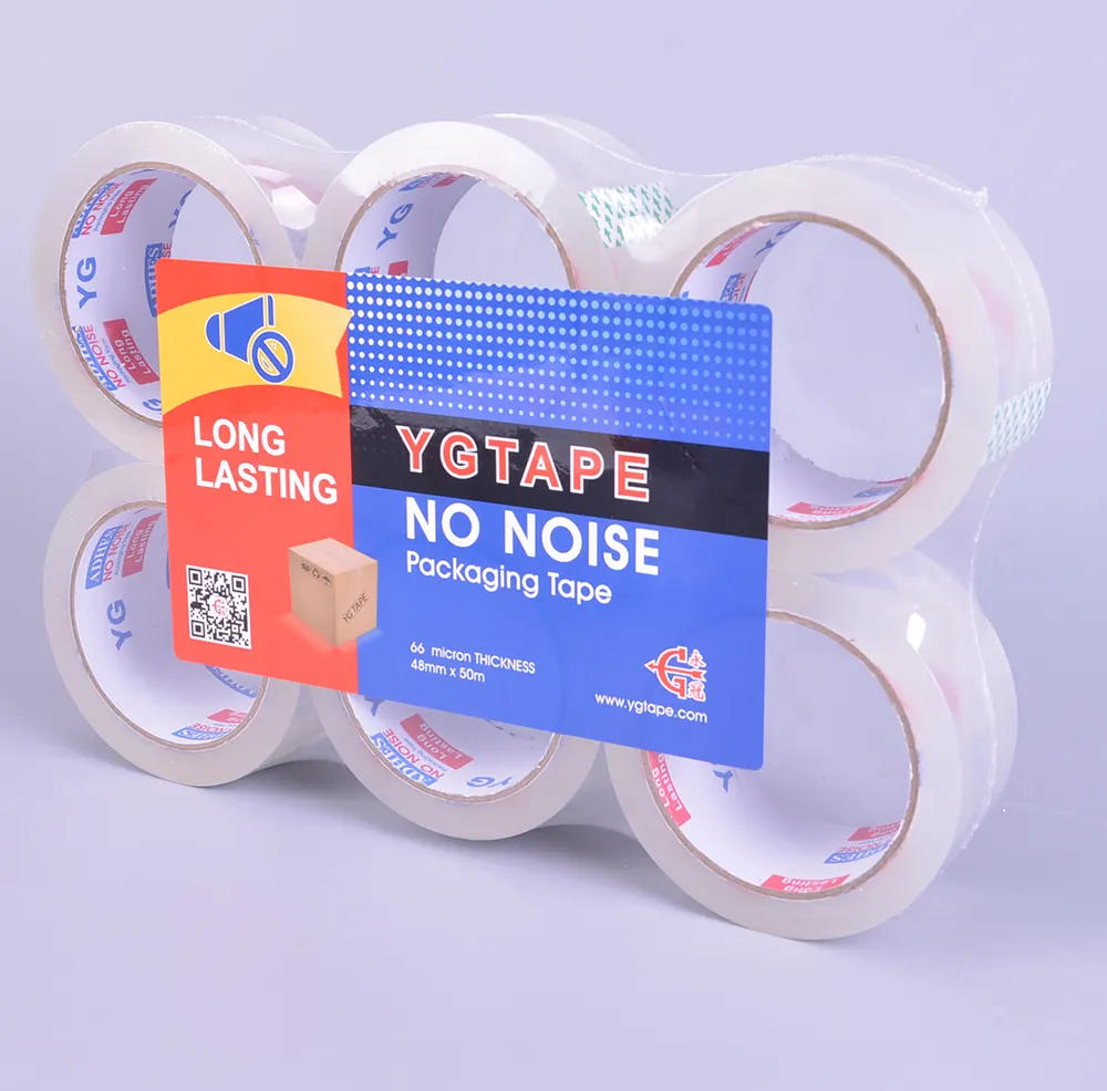 Rubans auto-adhésifs pour emballage en acrylique transparent avec solvant, fabriqués en Chine, 2x100 yards-paquet de 6 avec rouleau de logo