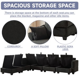 Ensemble de canapés modulaires en velours côtelé pour salon, en forme de U, avec ottoman de rangement, 6 places, chaise longue convertible - Product Image 6