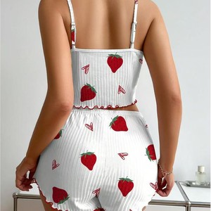 European and American cross-border strawberry heart print ribbed <b>set</b> women's <b>suspender</b> shorts <b>set</b> two-piece <b>set</b> sweet and cute - Product Image 3