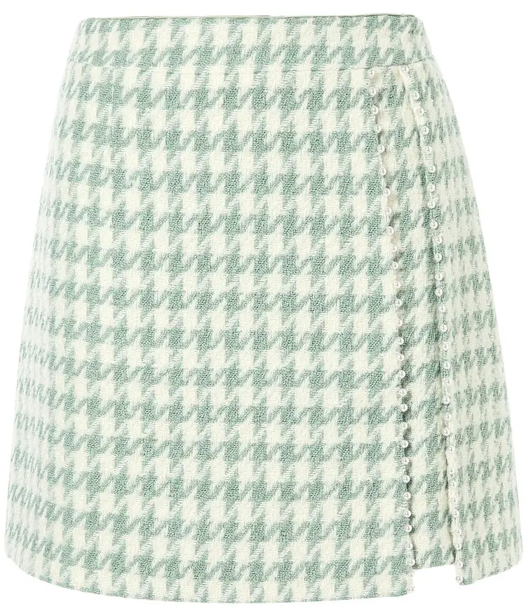Cute Design Green Color Zipper Fly Women A Line Short Mini Plaid Houndstooth Stylish Tweed Skirt Ladies Casual Soft Twill Skirts