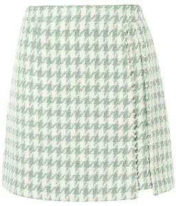 Женская твидовая юбка в клетку, зеленая трапециевидная короткая клетчатая мини-юбка в стиле «гусиные лапки» на молнии, Повседневная Мягкая саржевая юбка, симпатичный дизайн