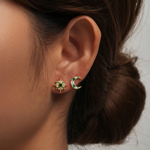 CANNER - Nuevos Pendientes de Verano con Diseño de Estrella y Luna, Plata S925, Chapados en Oro de 18k, con Circonitas Verdes y Blancas, para Mujer - Product Image 5