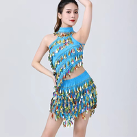 Robe de danse latine pour femmes, avec paillettes et franges, dos nu, débardeur à bretelles avec jupe et collier, ensemble 3 pièces, Costume de danse Rumba Samba