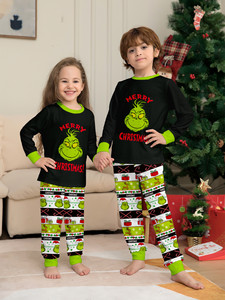 Özelleştirilmiş 2025 yeni yıl partisi Grinch noel pijama ev tekstili setleri siyah elastik bel termal özelliği ön Logo Dropshipping - Product Image 4